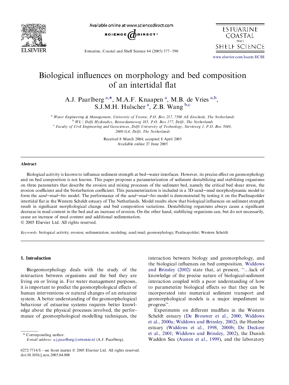 Biological influences on morphology and bed composition of an intertidal flat