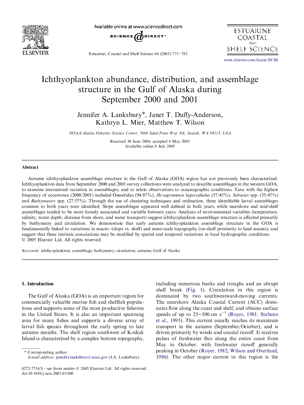 Ichthyoplankton abundance, distribution, and assemblage structure in the Gulf of Alaska during September 2000 and 2001