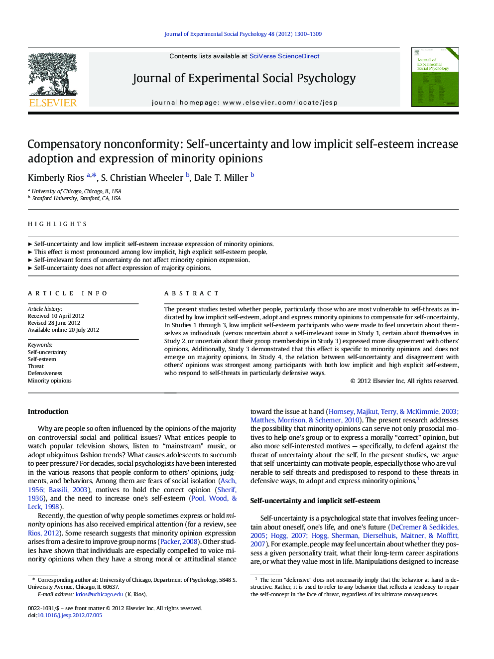 Compensatory nonconformity: Self-uncertainty and low implicit self-esteem increase adoption and expression of minority opinions