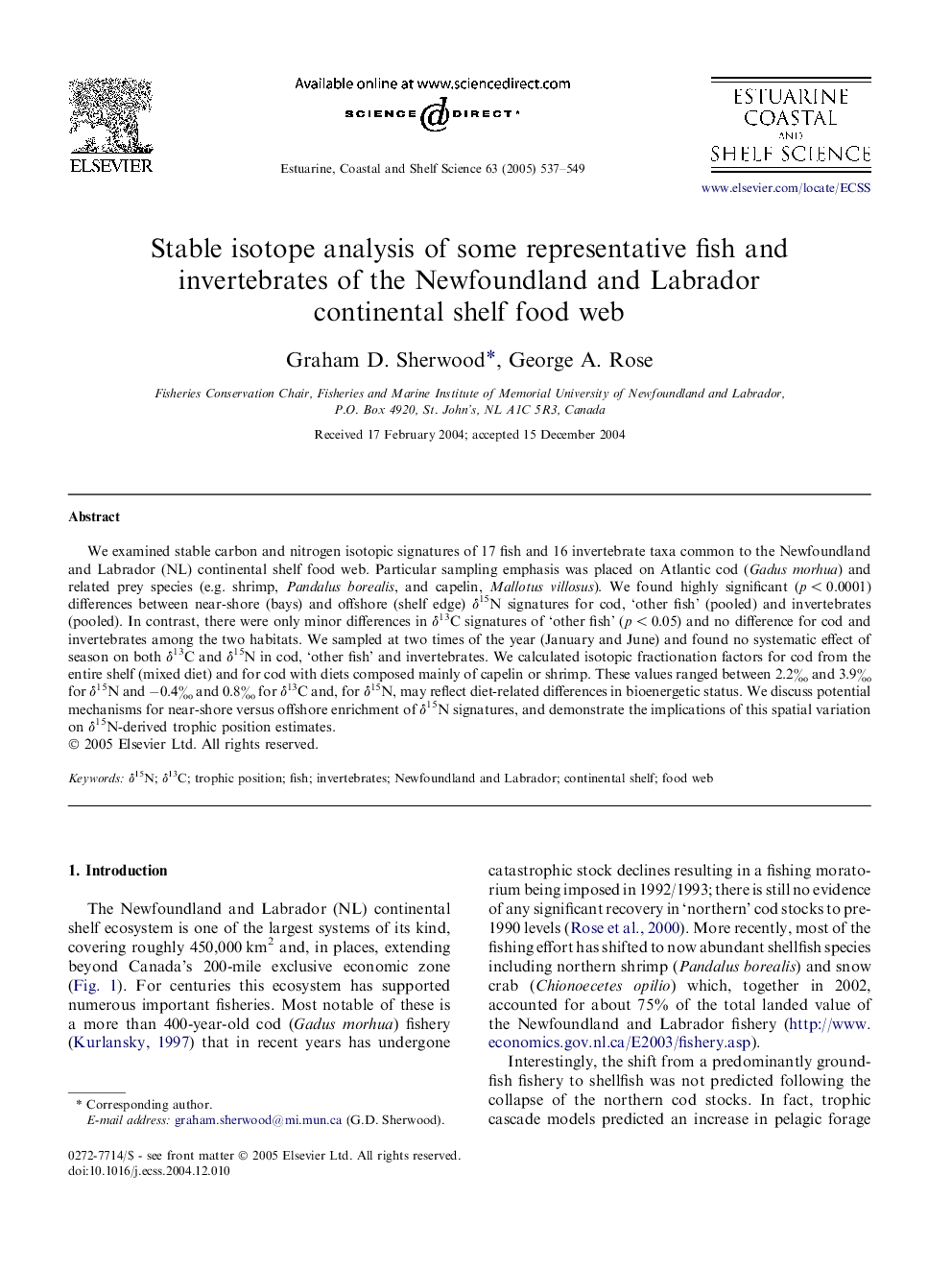 Stable isotope analysis of some representative fish and invertebrates of the Newfoundland and Labrador continental shelf food web