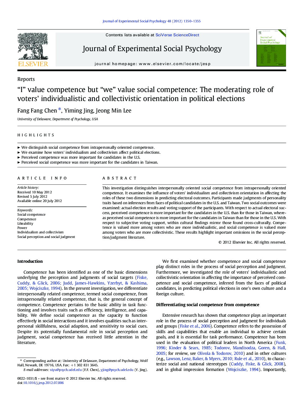 “I” value competence but “we” value social competence: The moderating role of voters' individualistic and collectivistic orientation in political elections