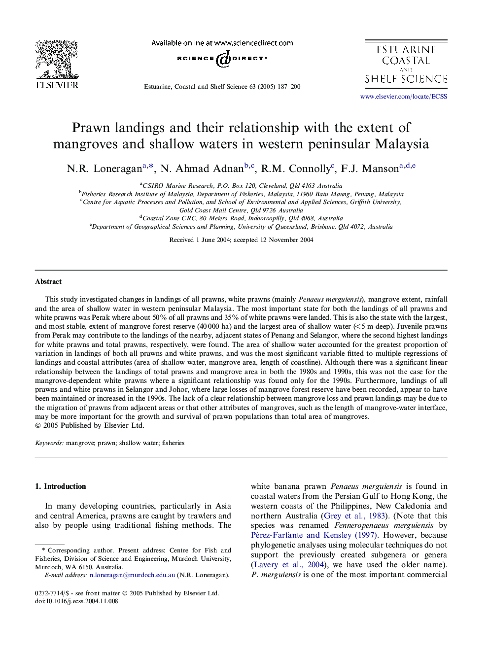 Prawn landings and their relationship with the extent of mangroves and shallow waters in western peninsular Malaysia