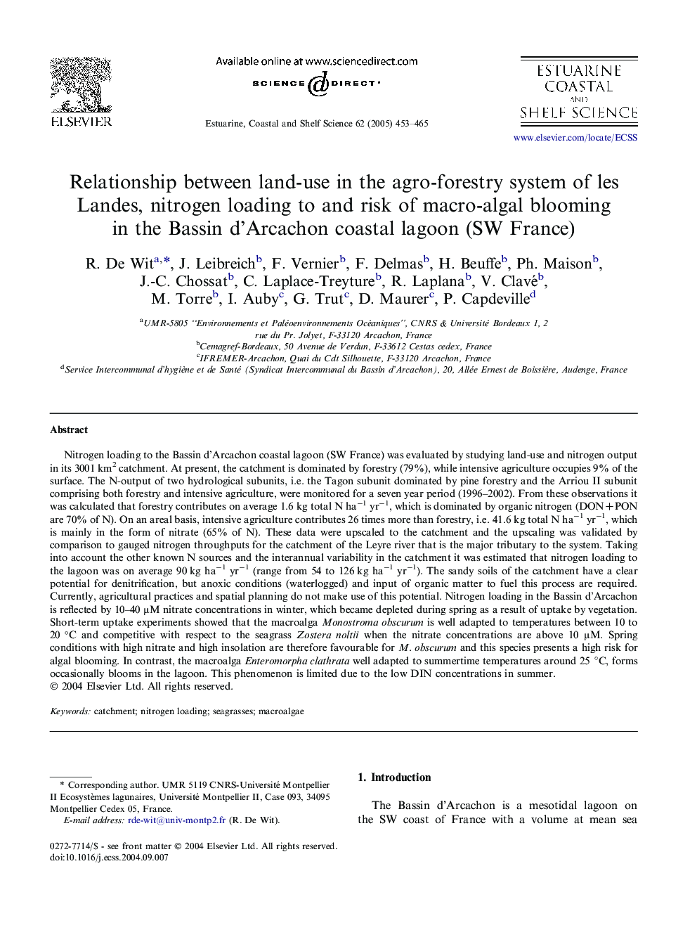 Relationship between land-use in the agro-forestry system of les Landes, nitrogen loading to and risk of macro-algal blooming in the Bassin d'Arcachon coastal lagoon (SW France)