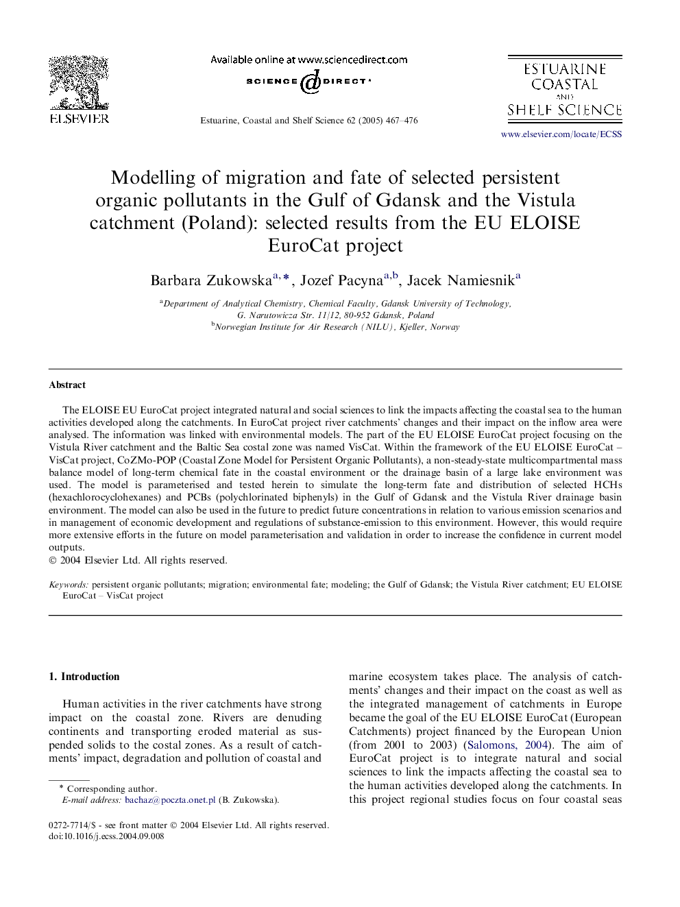 Modelling of migration and fate of selected persistent organic pollutants in the Gulf of Gdansk and the Vistula catchment (Poland): selected results from the EU ELOISE EuroCat project