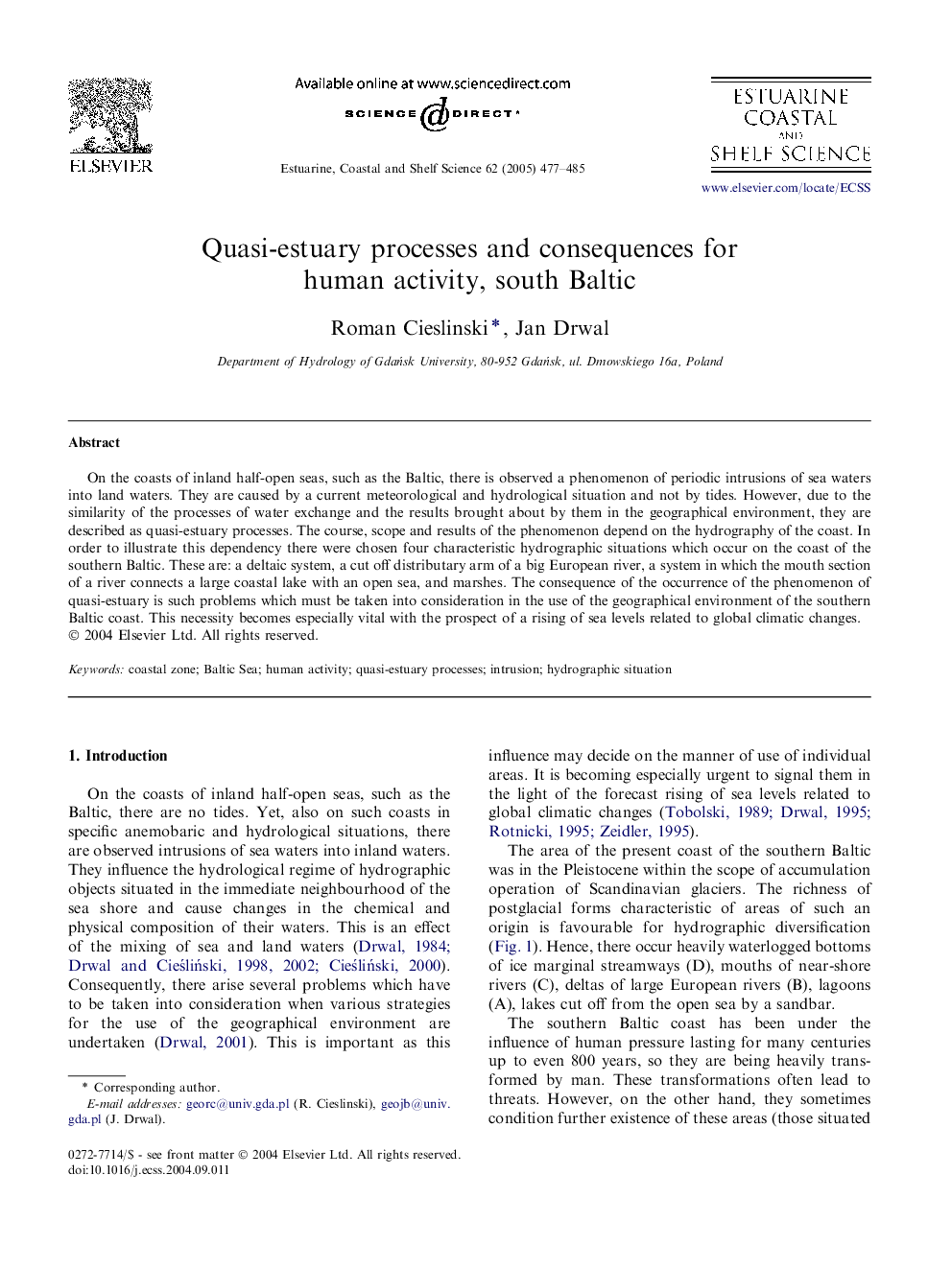 Quasi-estuary processes and consequences for human activity, south Baltic