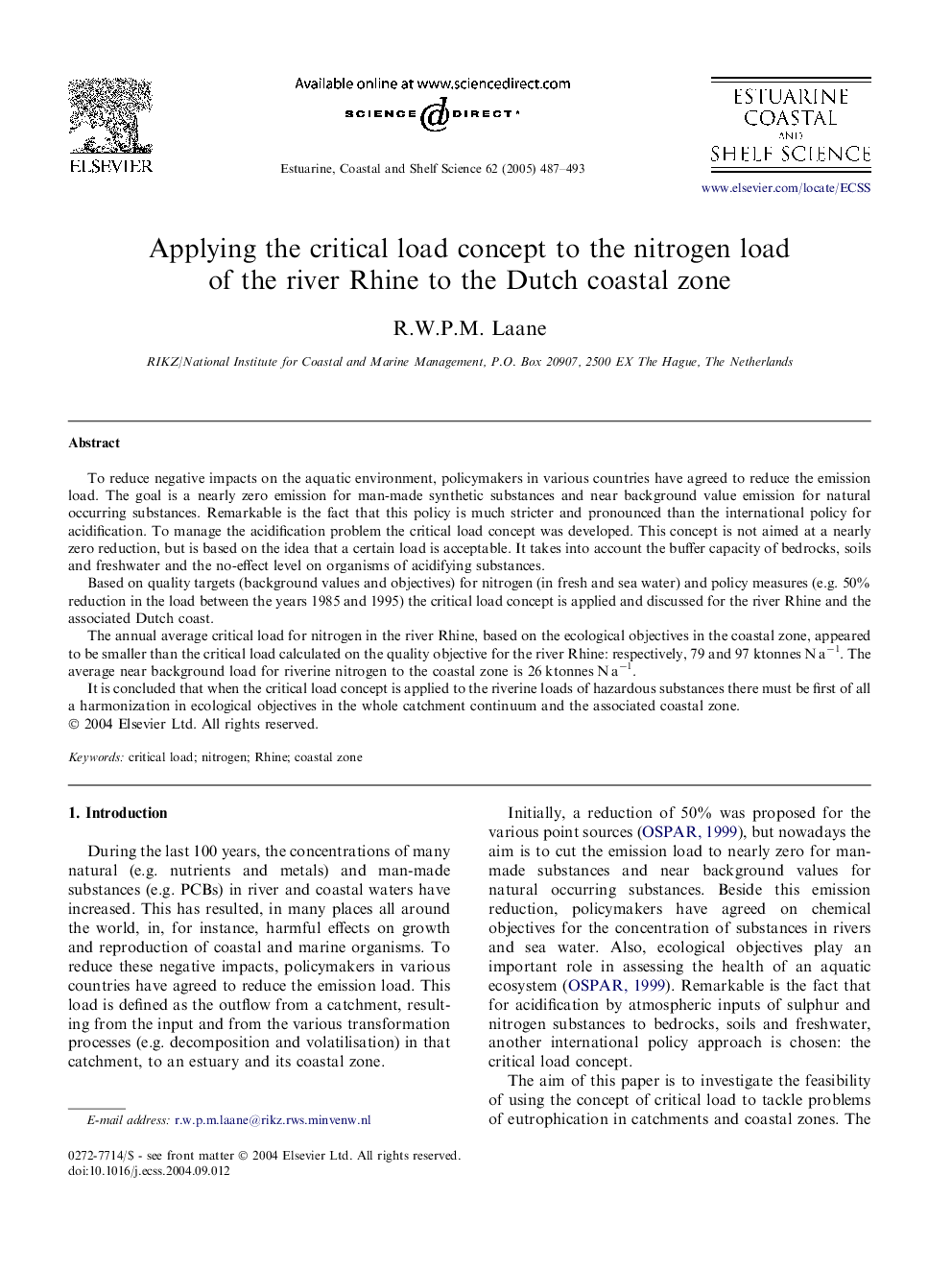 Applying the critical load concept to the nitrogen load of the river Rhine to the Dutch coastal zone