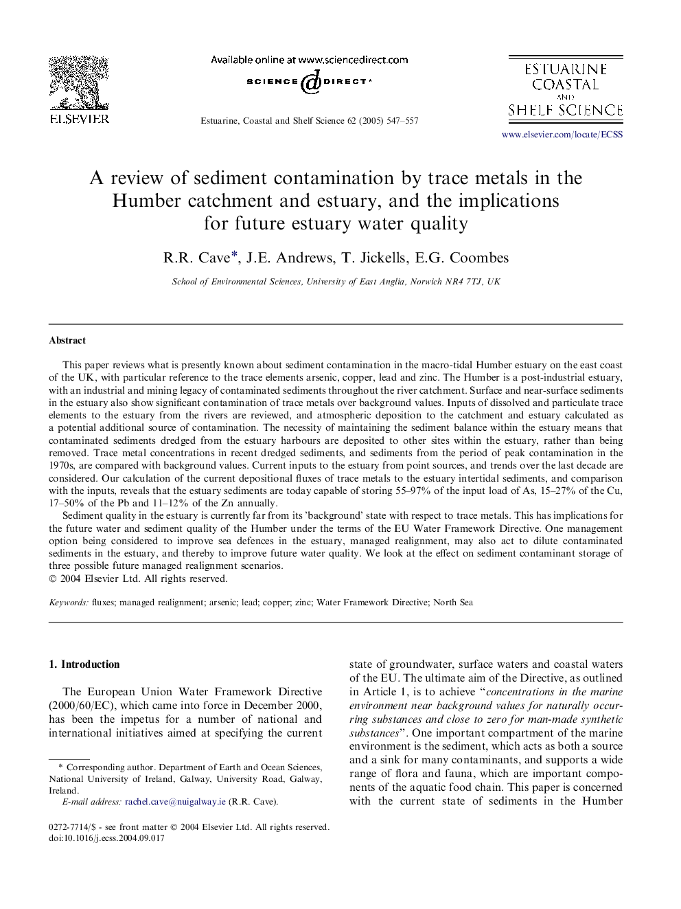 A review of sediment contamination by trace metals in the Humber catchment and estuary, and the implications for future estuary water quality