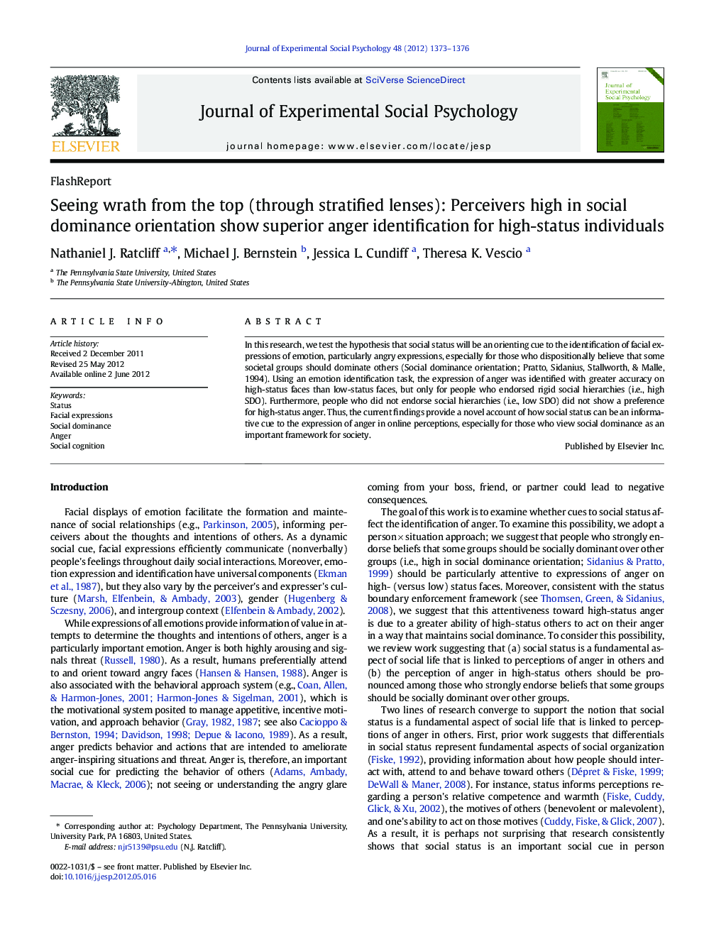 Seeing wrath from the top (through stratified lenses): Perceivers high in social dominance orientation show superior anger identification for high-status individuals