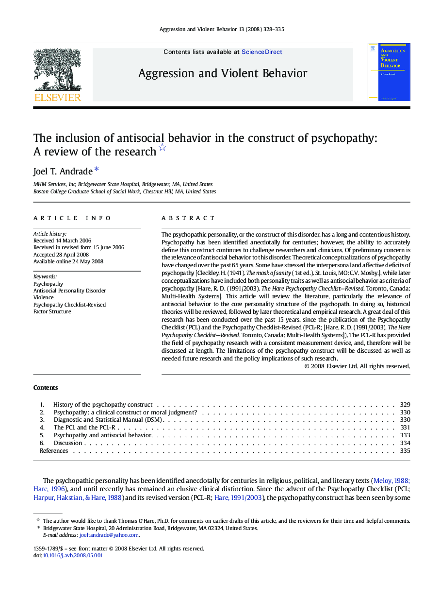 The inclusion of antisocial behavior in the construct of psychopathy: A review of the research 