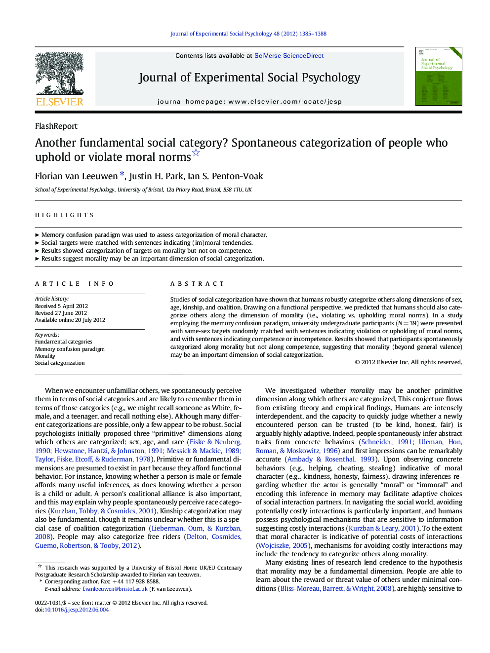 Another fundamental social category? Spontaneous categorization of people who uphold or violate moral norms 