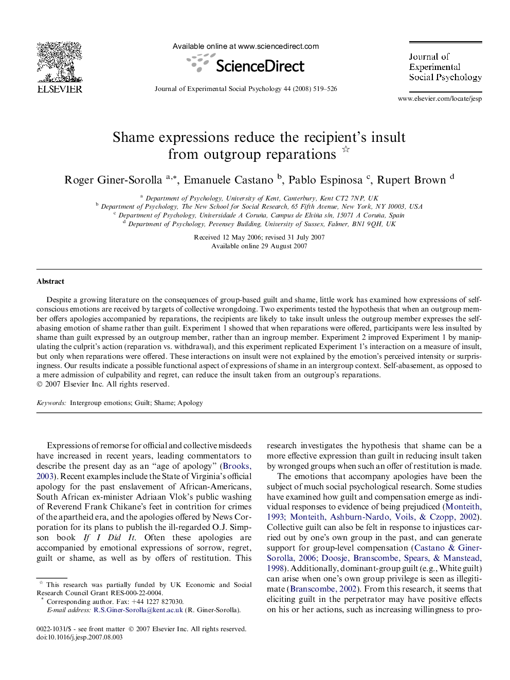 Shame expressions reduce the recipient’s insult from outgroup reparations 