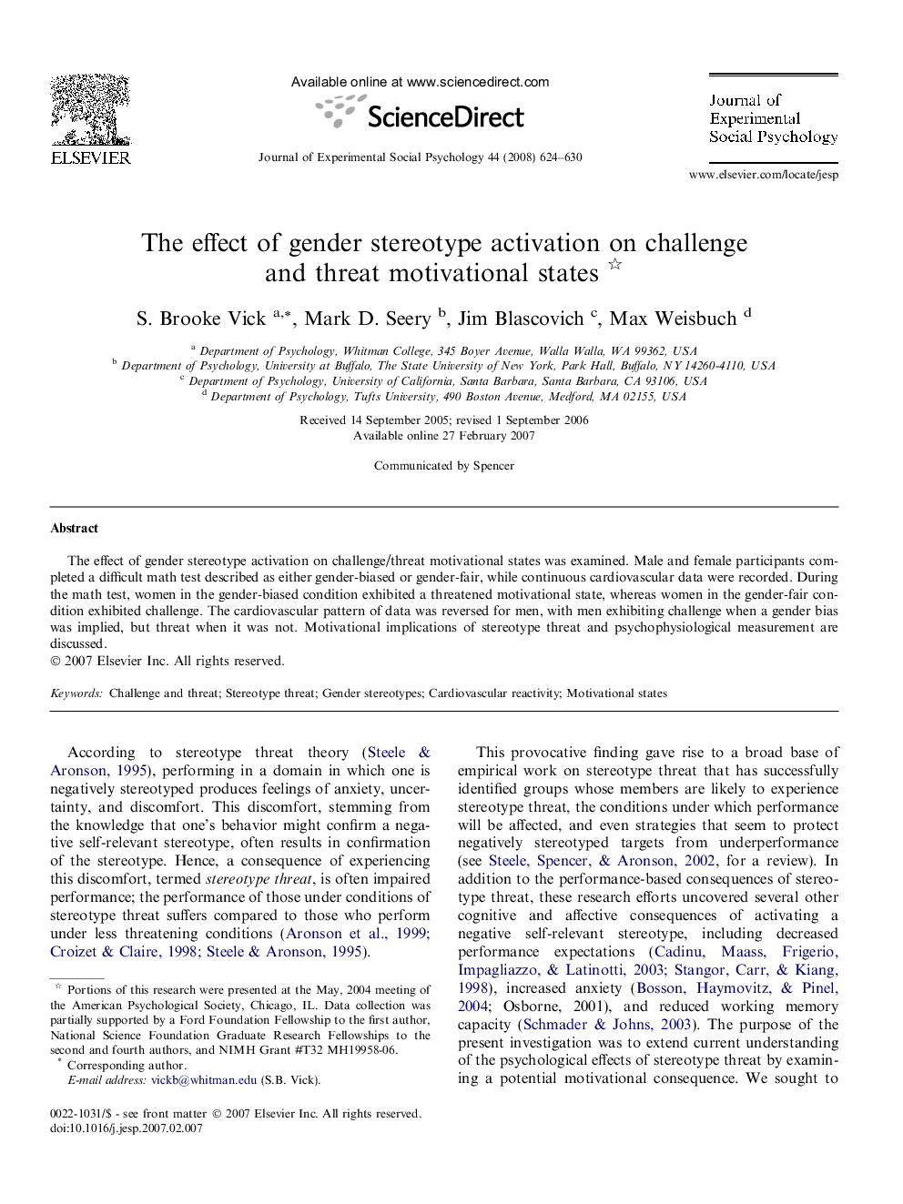 The effect of gender stereotype activation on challenge and threat motivational states 