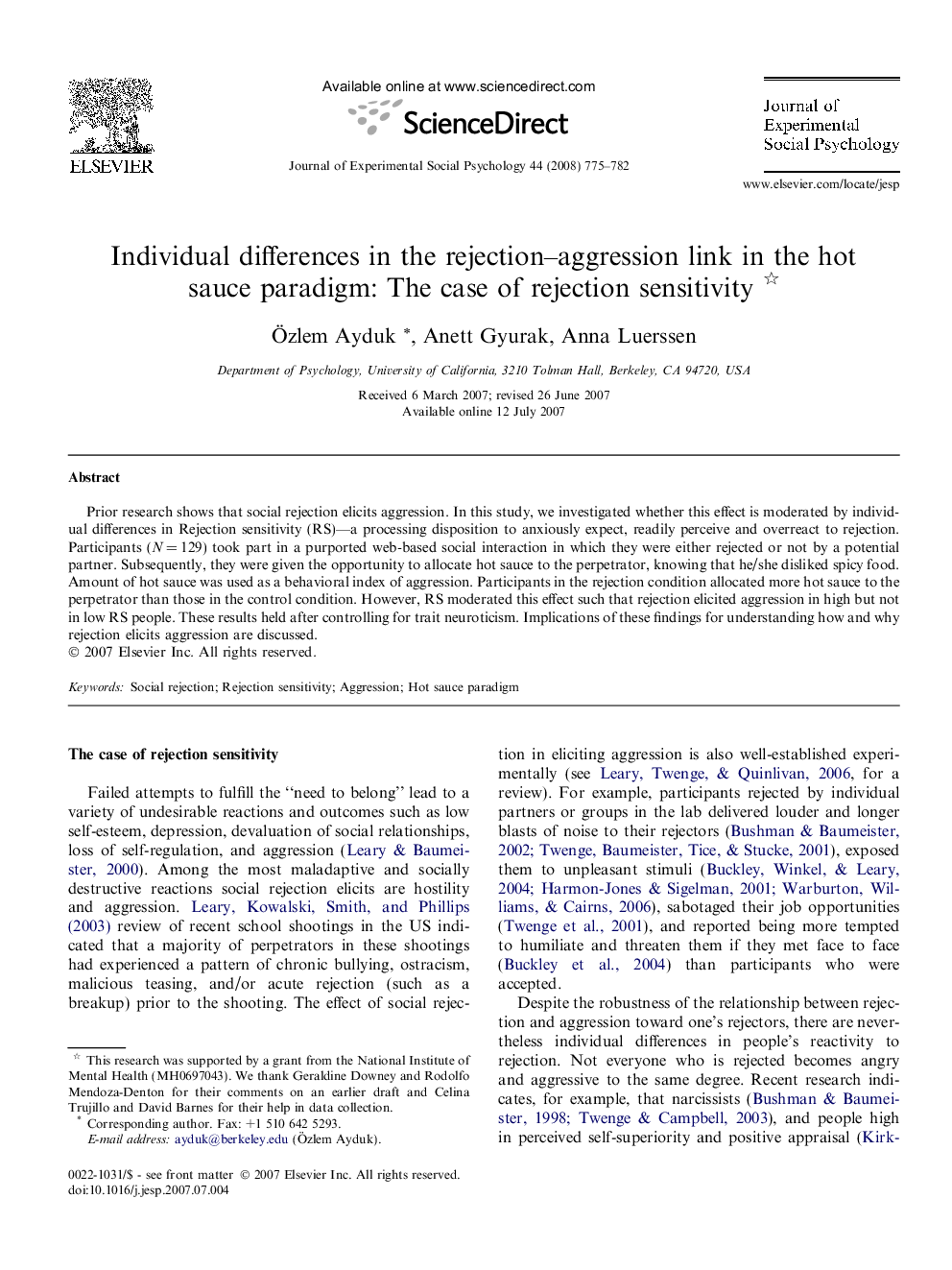 Individual differences in the rejection–aggression link in the hot sauce paradigm: The case of rejection sensitivity 