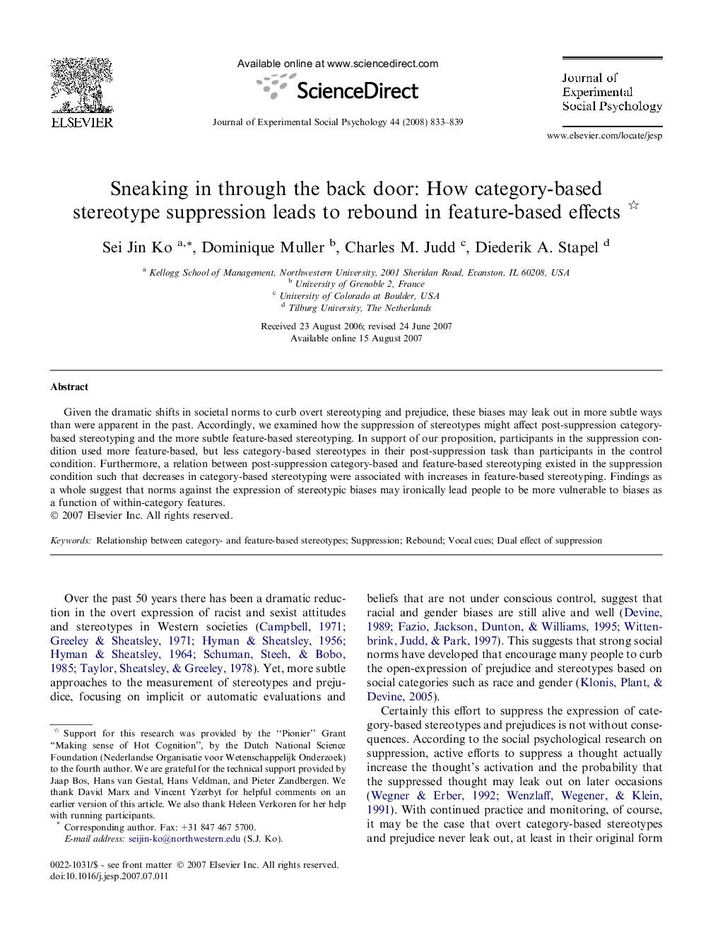 Sneaking in through the back door: How category-based stereotype suppression leads to rebound in feature-based effects 