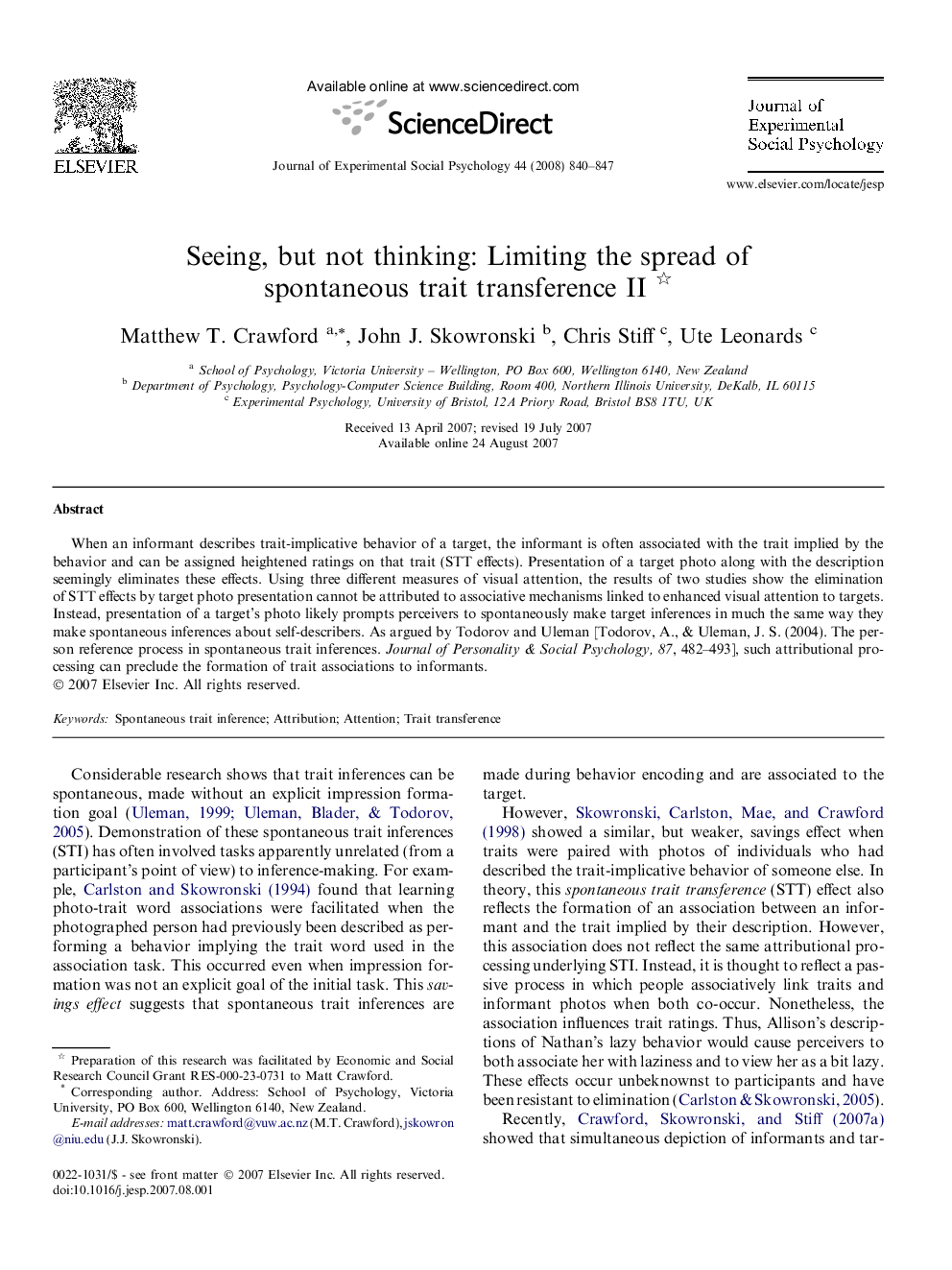 Seeing, but not thinking: Limiting the spread of spontaneous trait transference II 