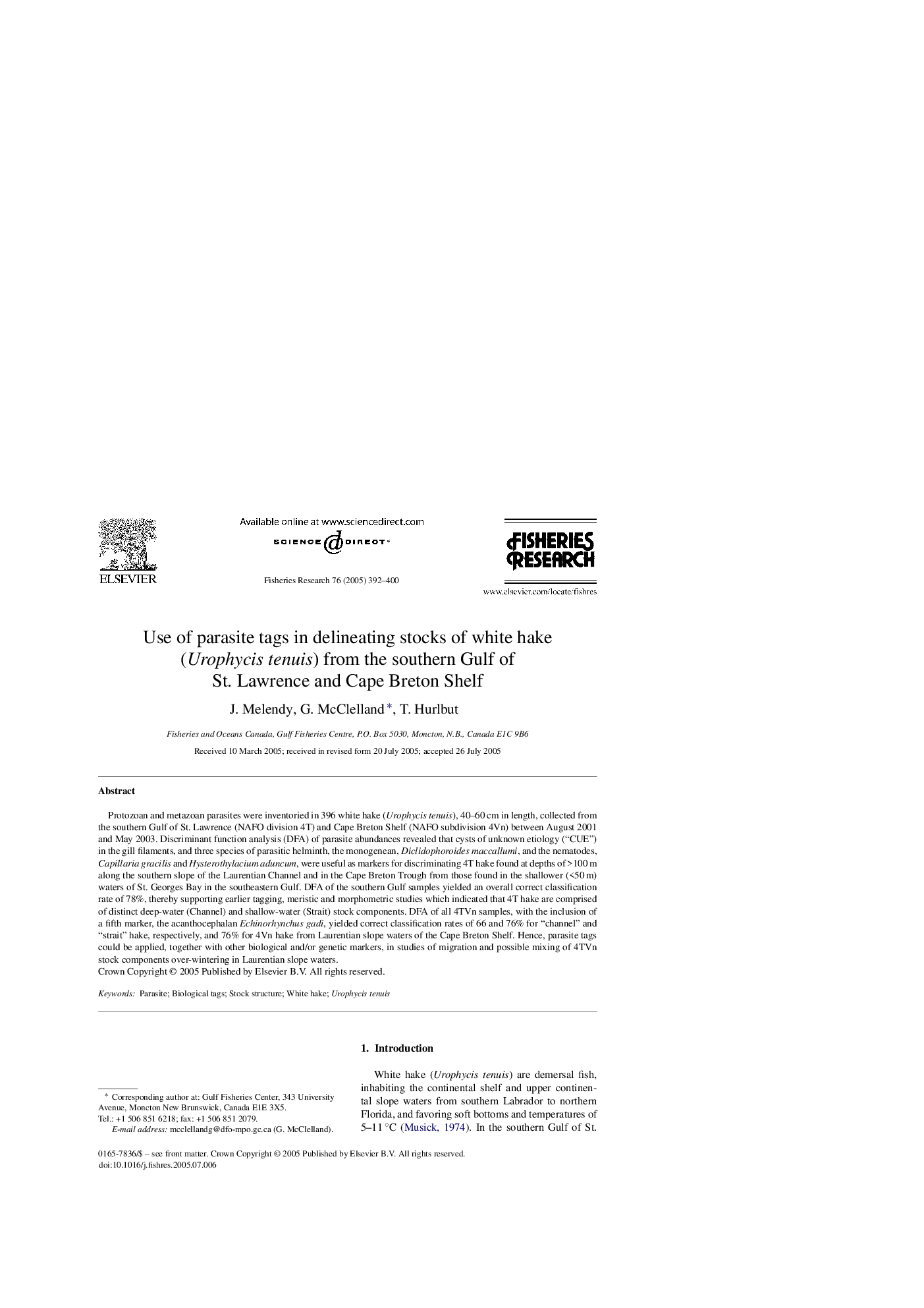 Use of parasite tags in delineating stocks of white hake (Urophycis tenuis) from the southern Gulf of St. Lawrence and Cape Breton Shelf