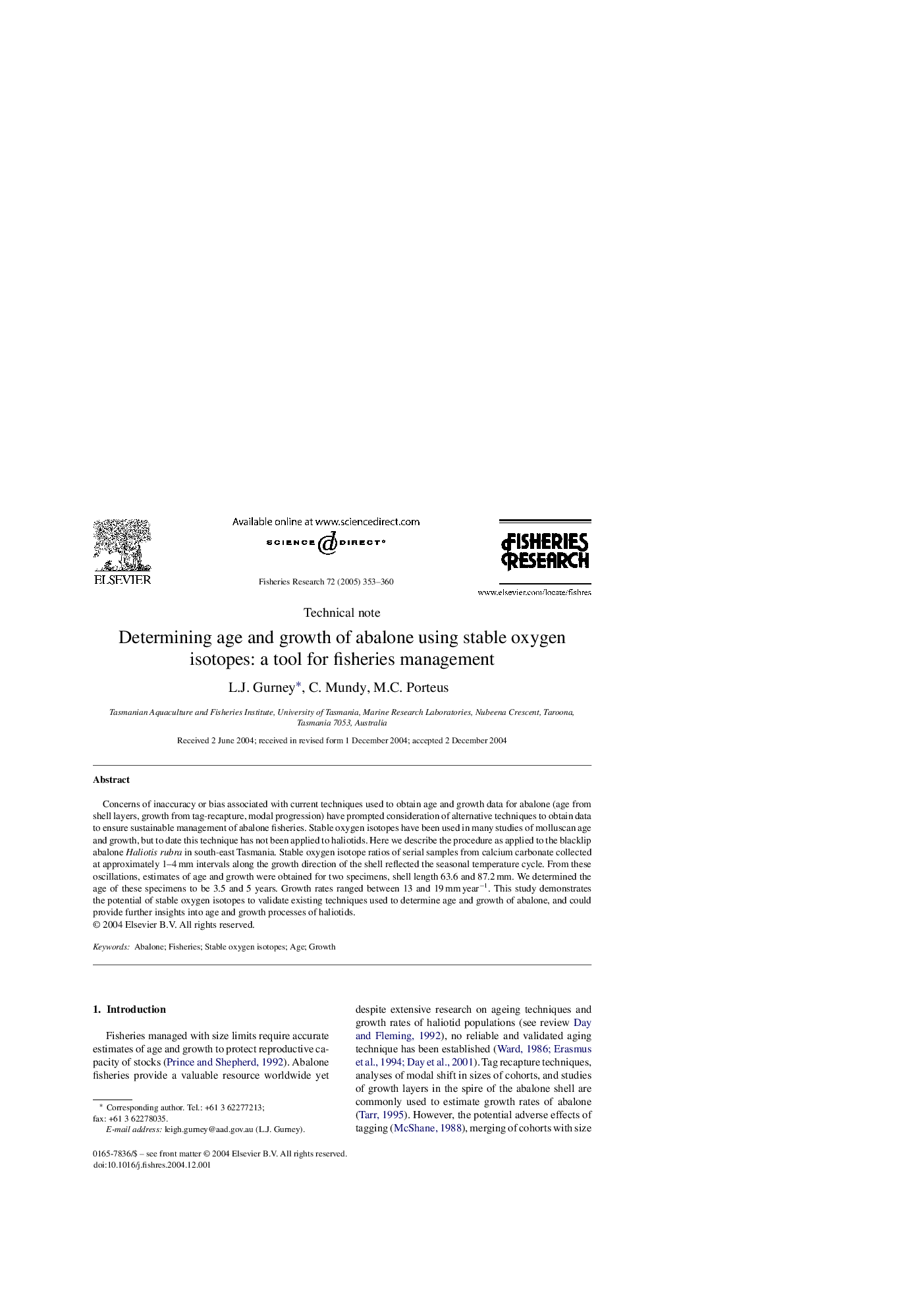 عکس صفحه اول مقاله: Determining age and growth of abalone using stable oxygen isotopes: a tool for fisheries management Determining age and growth of abalone using stable oxygen isotopes: a tool for fisheries management
