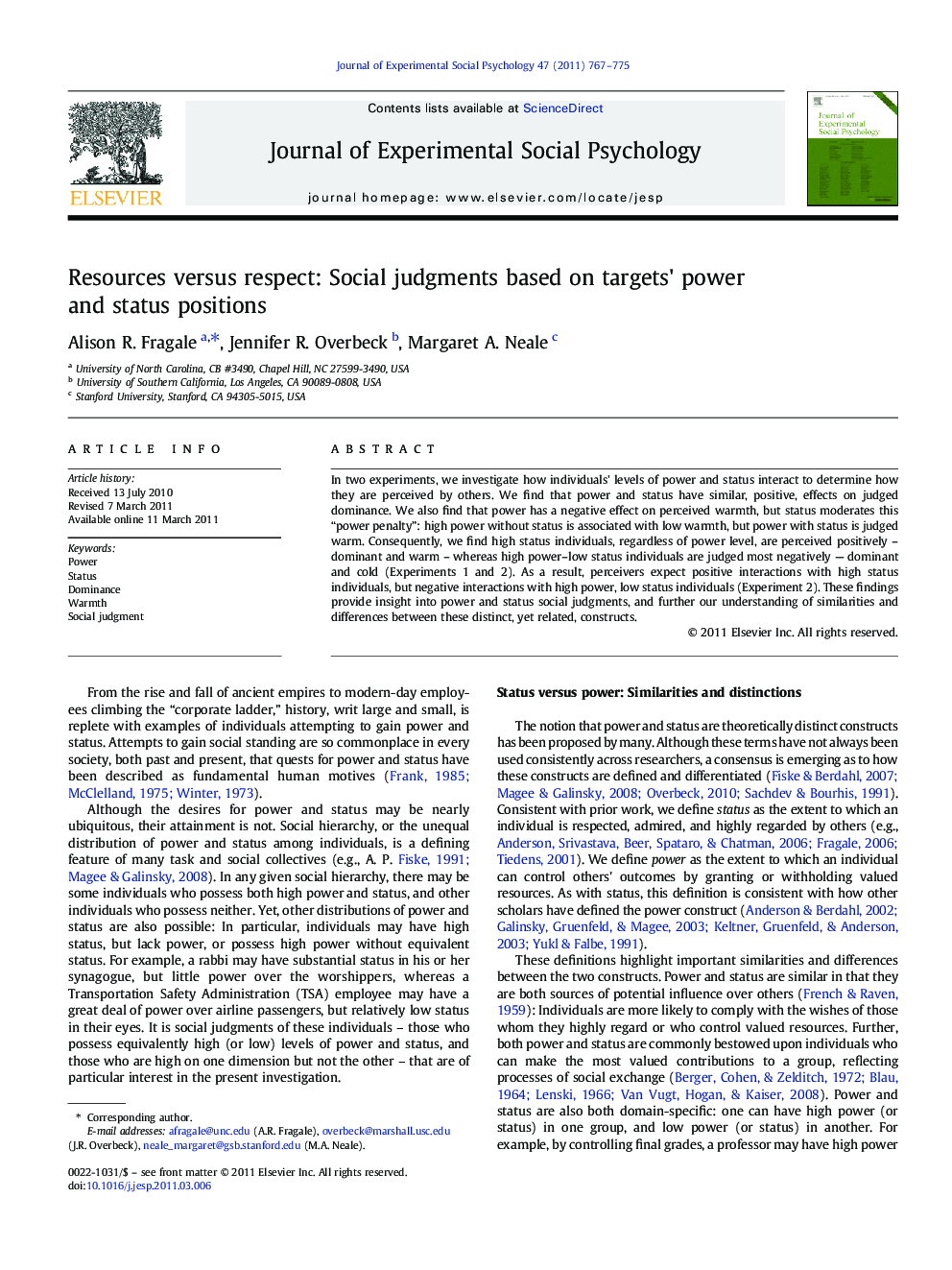 Resources versus respect: Social judgments based on targets' power and status positions