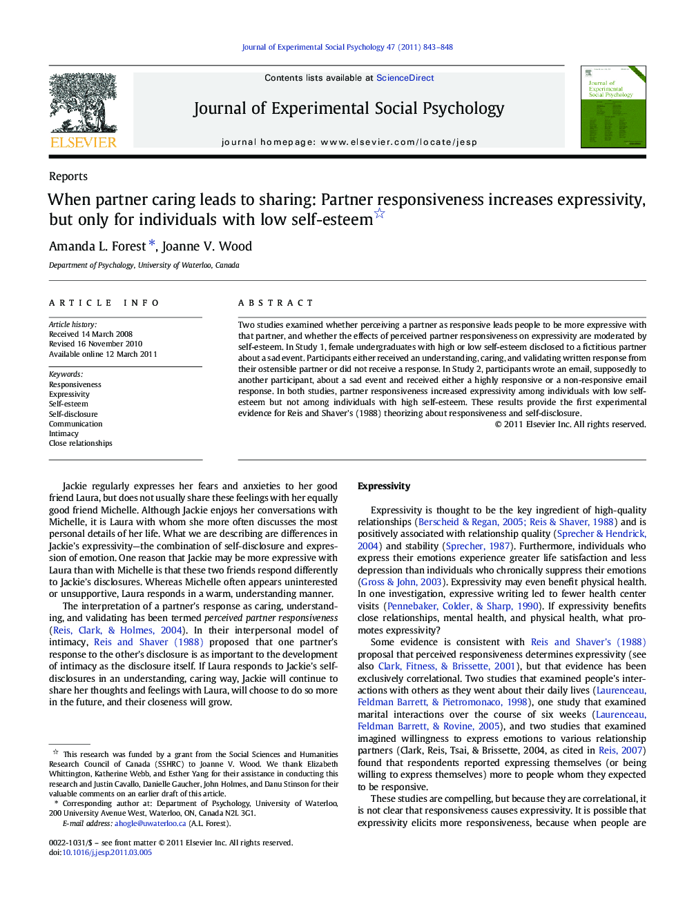 When partner caring leads to sharing: Partner responsiveness increases expressivity, but only for individuals with low self-esteem 