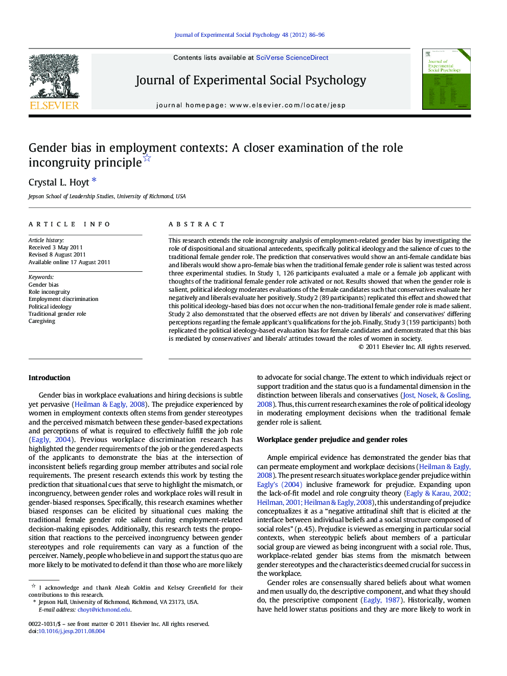 Gender bias in employment contexts: A closer examination of the role incongruity principle 