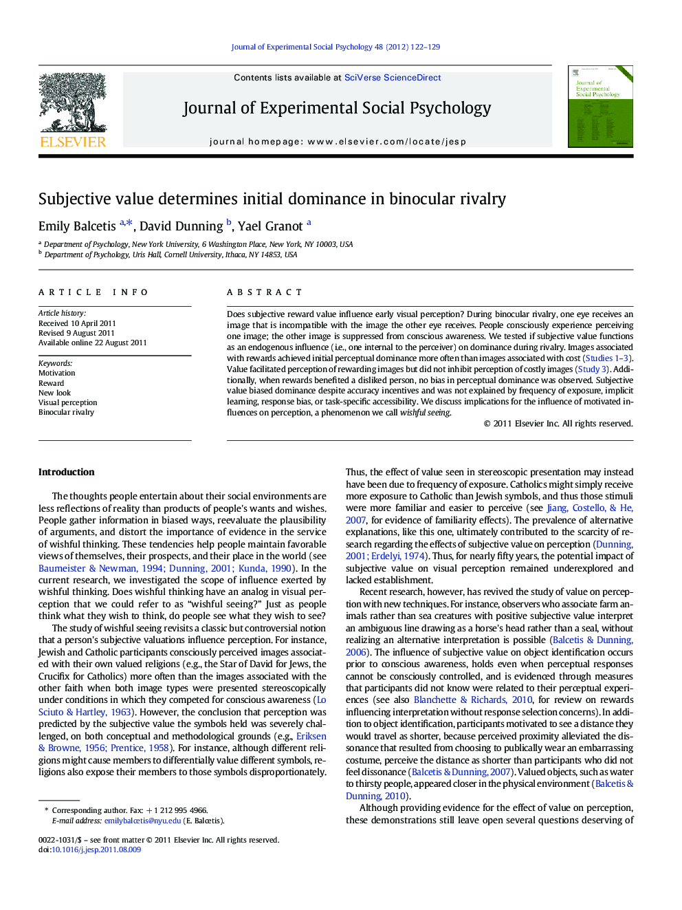 Subjective value determines initial dominance in binocular rivalry