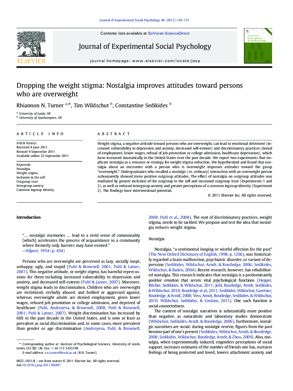 Dropping the weight stigma: Nostalgia improves attitudes toward persons who are overweight