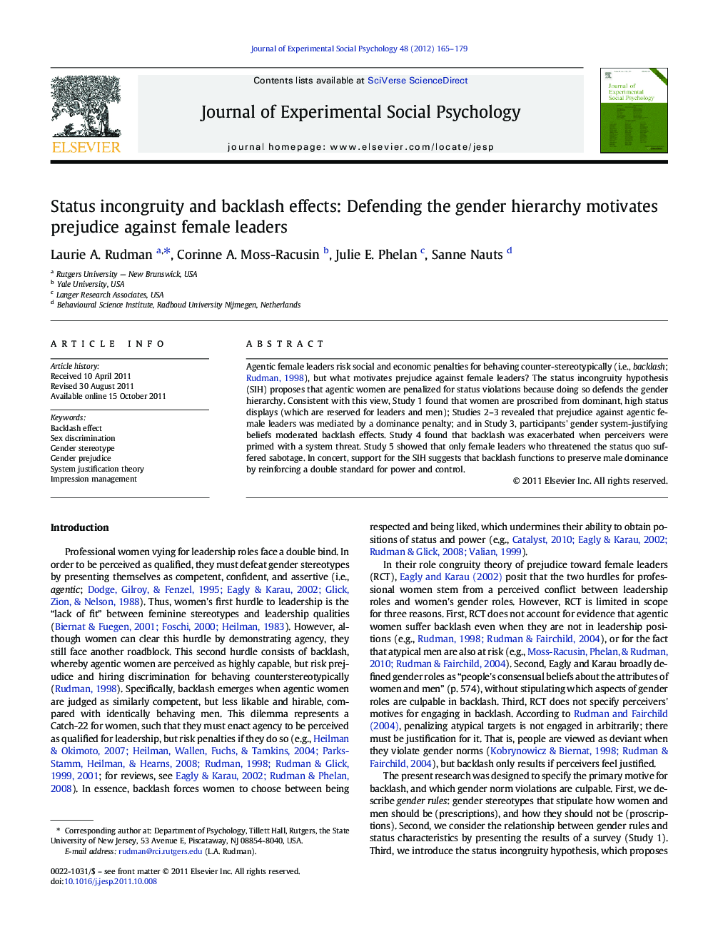 Status incongruity and backlash effects: Defending the gender hierarchy motivates prejudice against female leaders