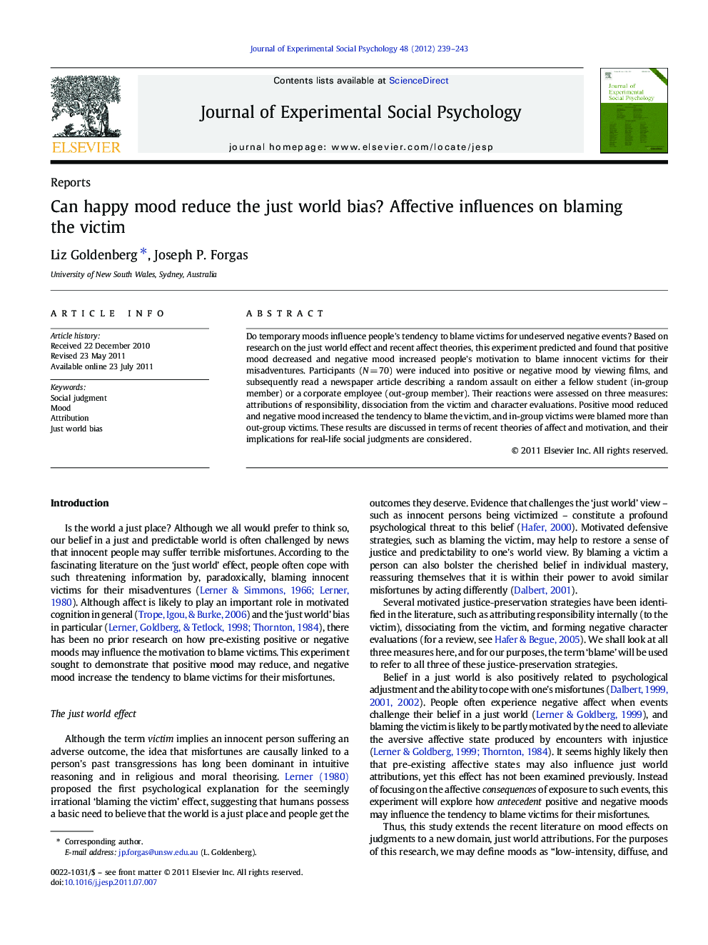 Can happy mood reduce the just world bias? Affective influences on blaming the victim