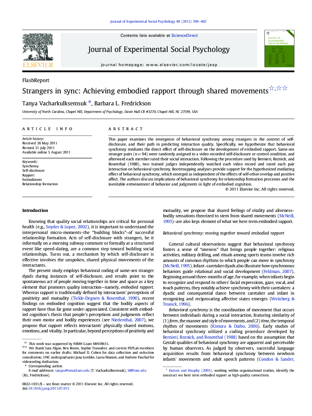 Strangers in sync: Achieving embodied rapport through shared movements 