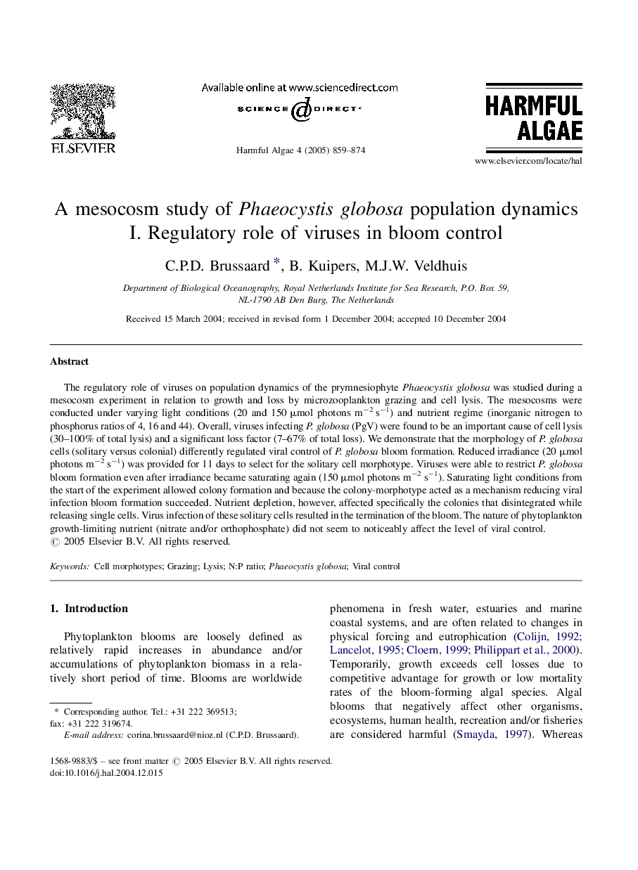 A mesocosm study of Phaeocystis globosa population dynamics