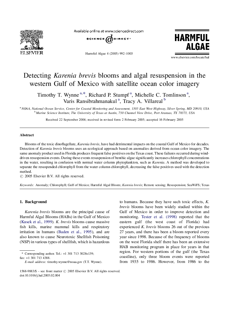 Detecting Karenia brevis blooms and algal resuspension in the western Gulf of Mexico with satellite ocean color imagery