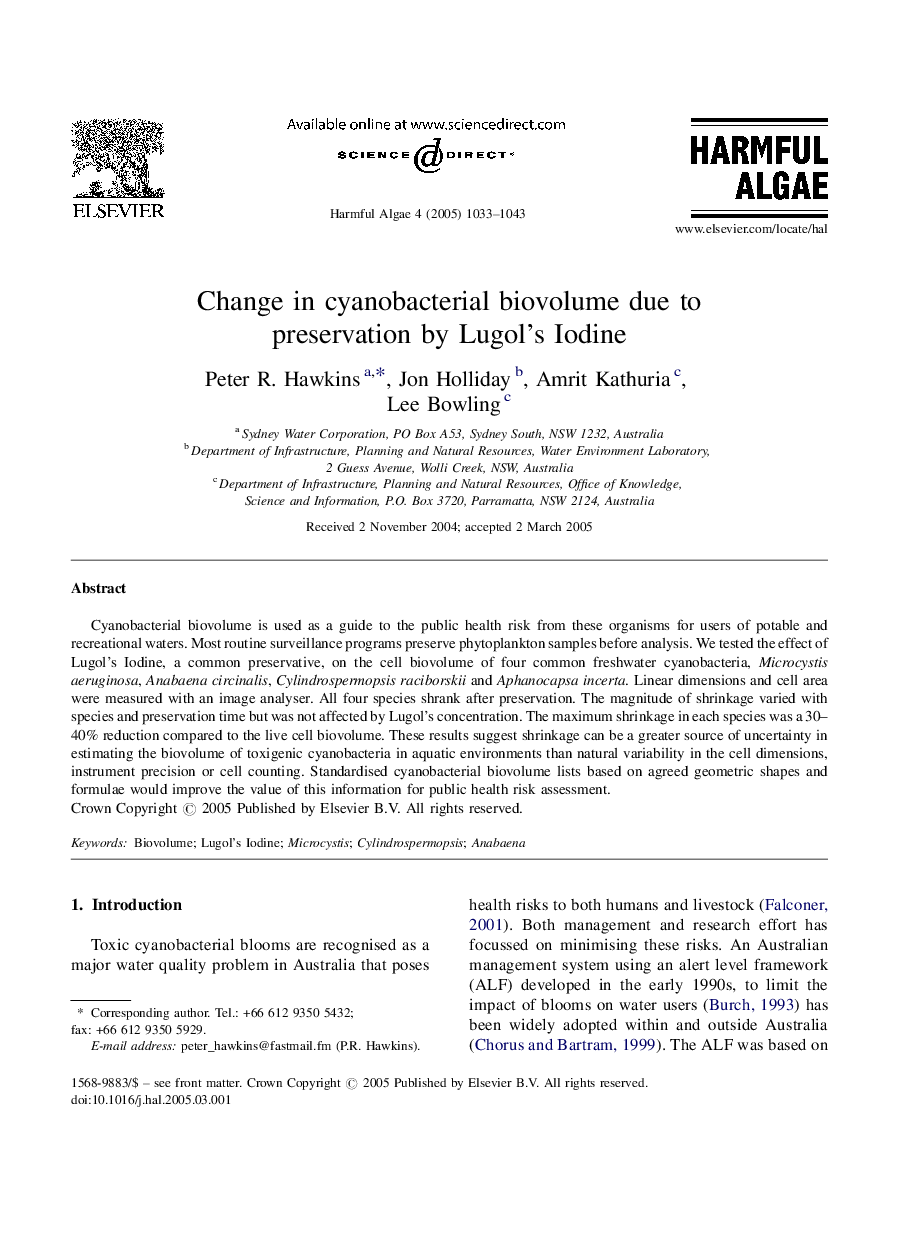 Change in cyanobacterial biovolume due to preservation by Lugol's Iodine