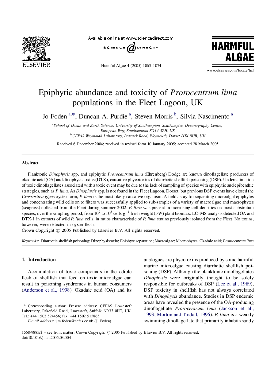 Epiphytic abundance and toxicity of Prorocentrum lima populations in the Fleet Lagoon, UK