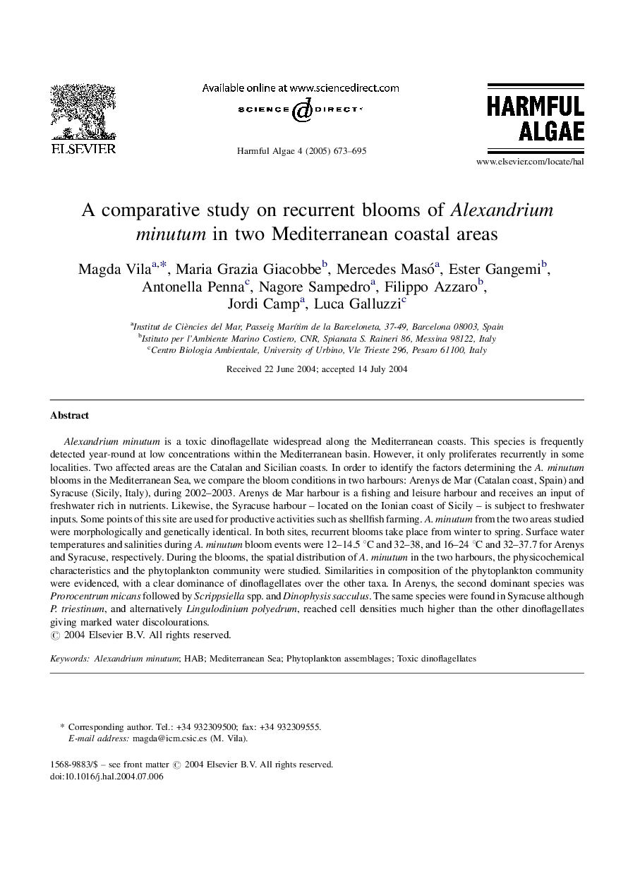 A comparative study on recurrent blooms of Alexandrium minutum in two Mediterranean coastal areas