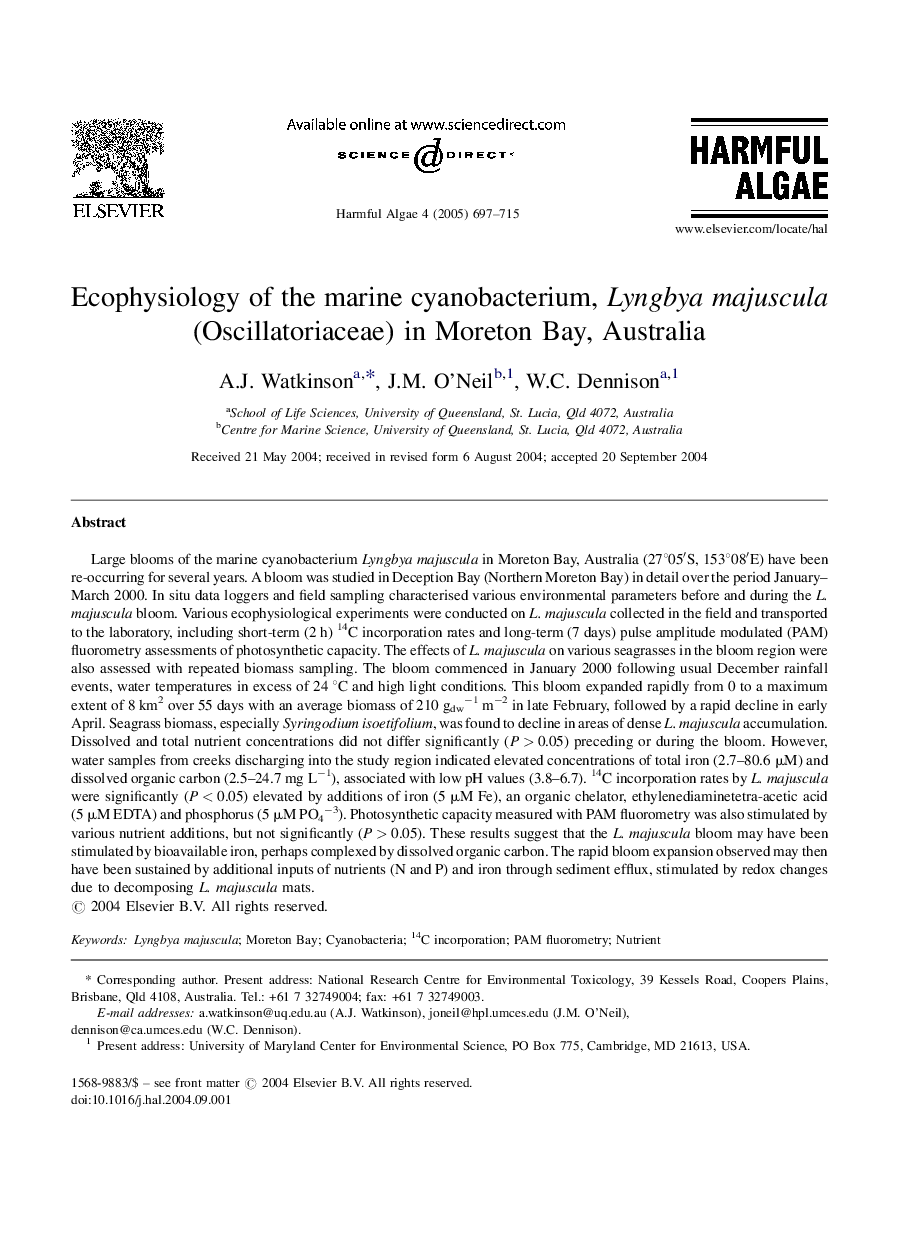 Ecophysiology of the marine cyanobacterium, Lyngbya majuscula (Oscillatoriaceae) in Moreton Bay, Australia