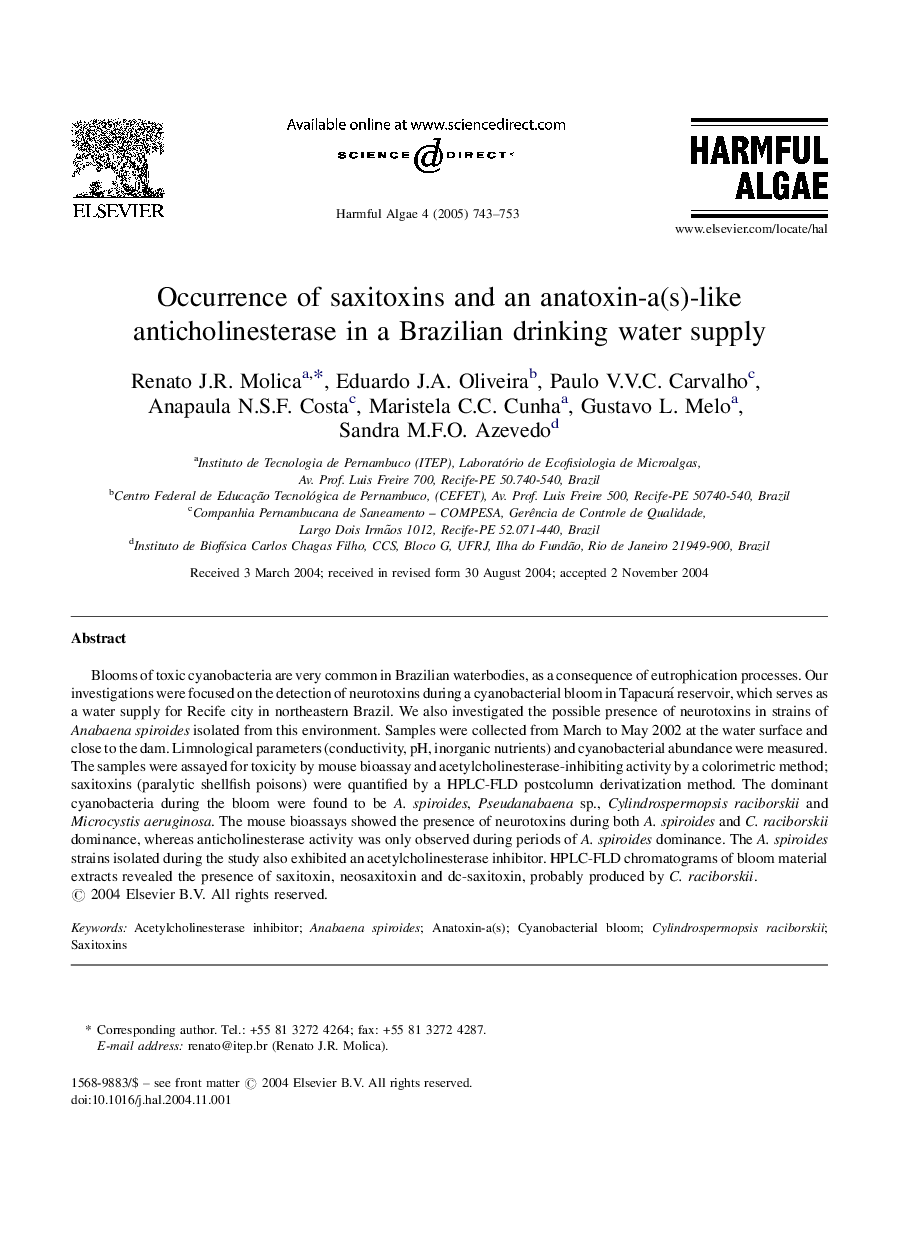 Occurrence of saxitoxins and an anatoxin-a(s)-like anticholinesterase in a Brazilian drinking water supply