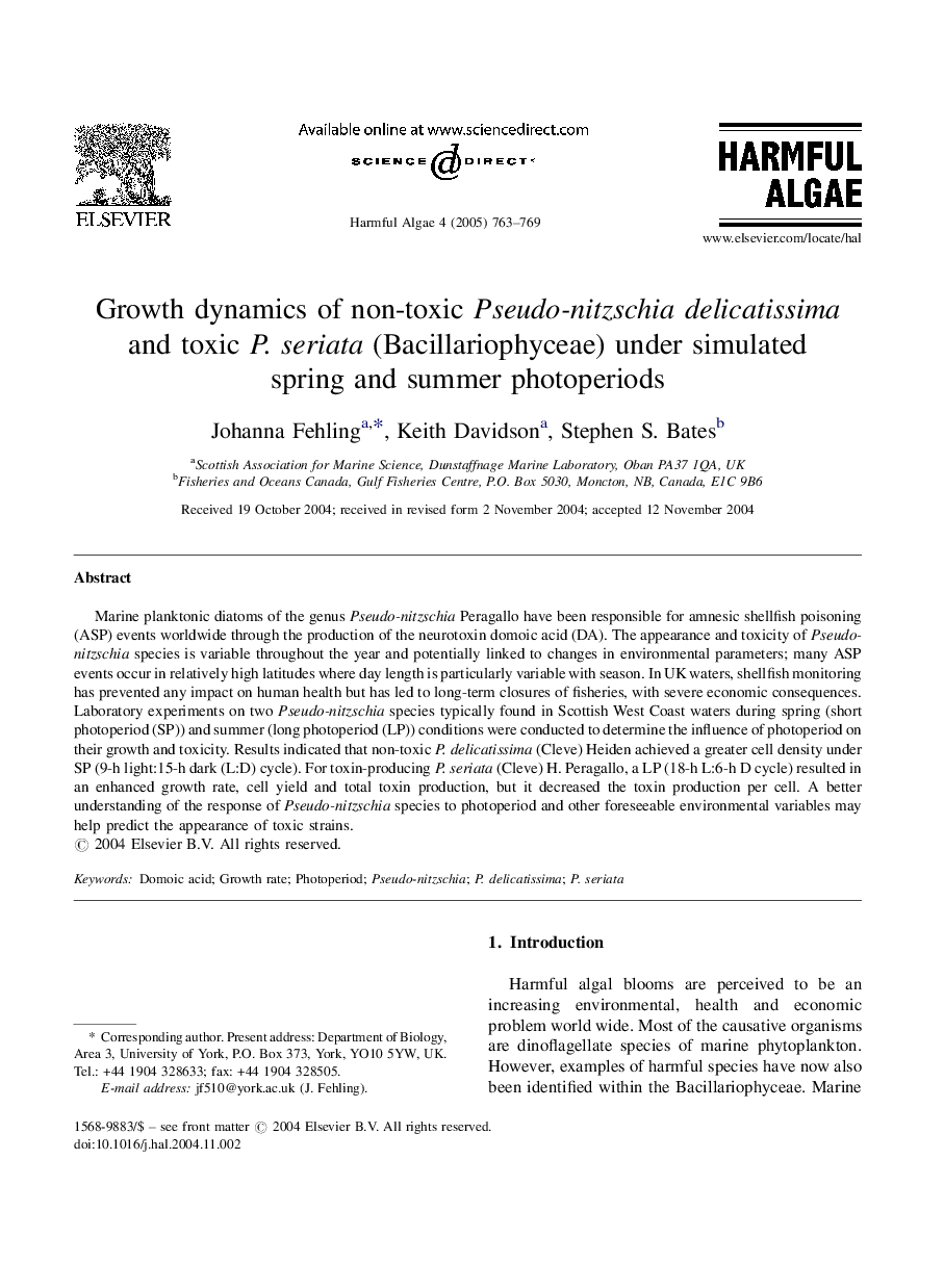 Growth dynamics of non-toxic Pseudo-nitzschia delicatissima and toxic P. seriata (Bacillariophyceae) under simulated spring and summer photoperiods