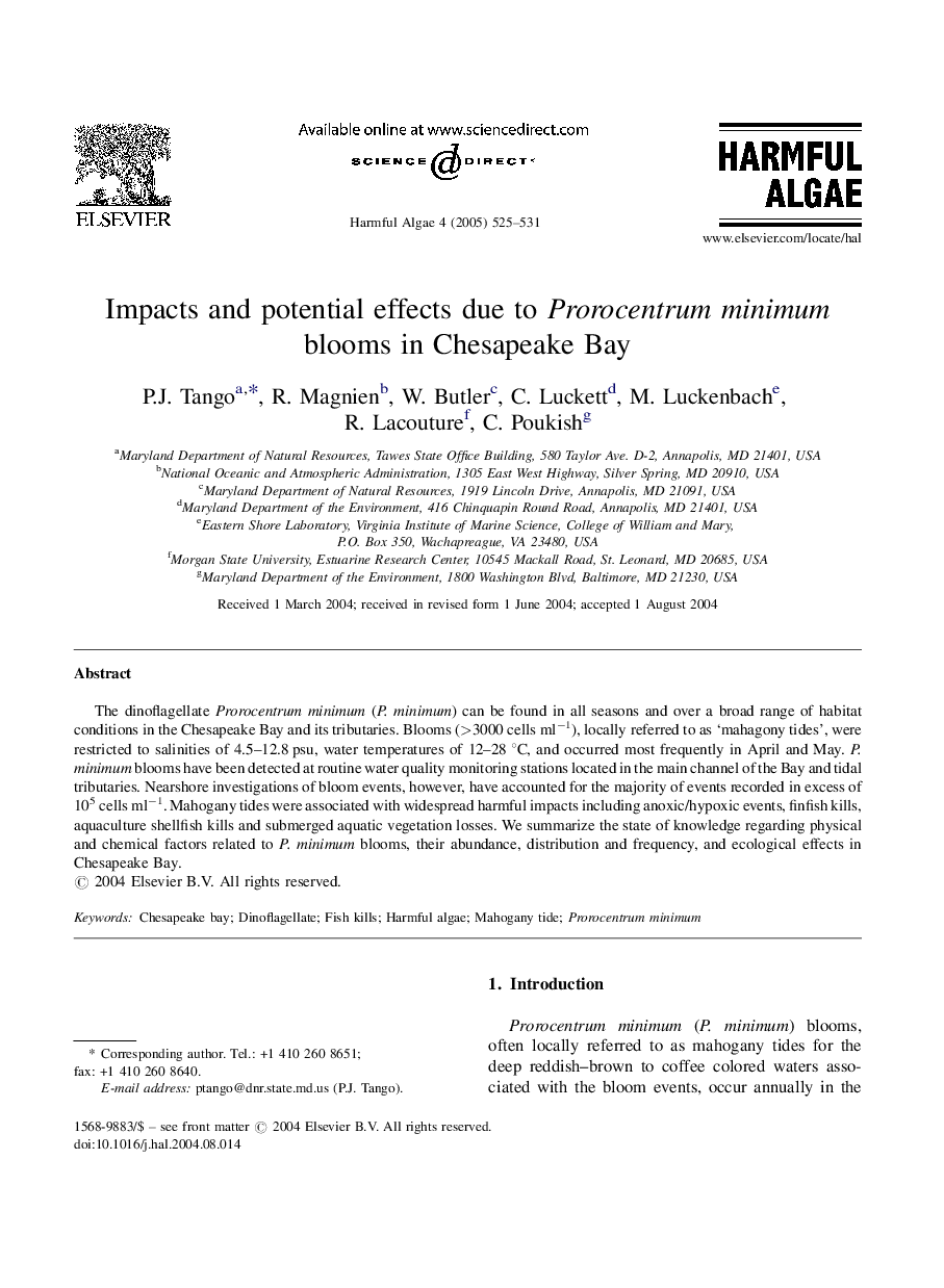 Impacts and potential effects due to Prorocentrum minimum blooms in Chesapeake Bay