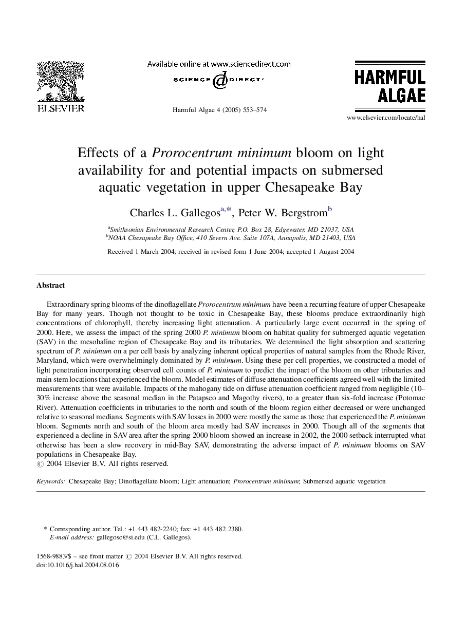 Effects of a Prorocentrum minimum bloom on light availability for and potential impacts on submersed aquatic vegetation in upper Chesapeake Bay