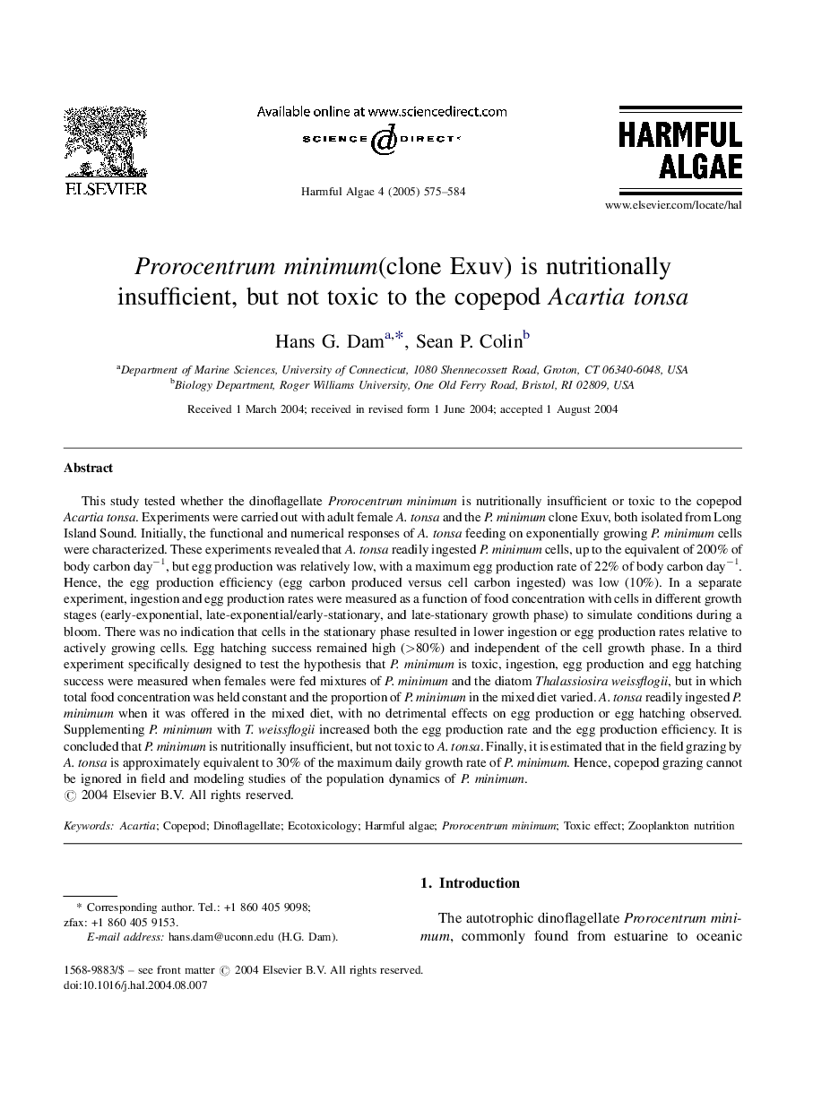 Prorocentrum minimum(clone Exuv) is nutritionally insufficient, but not toxic to the copepod Acartia tonsa