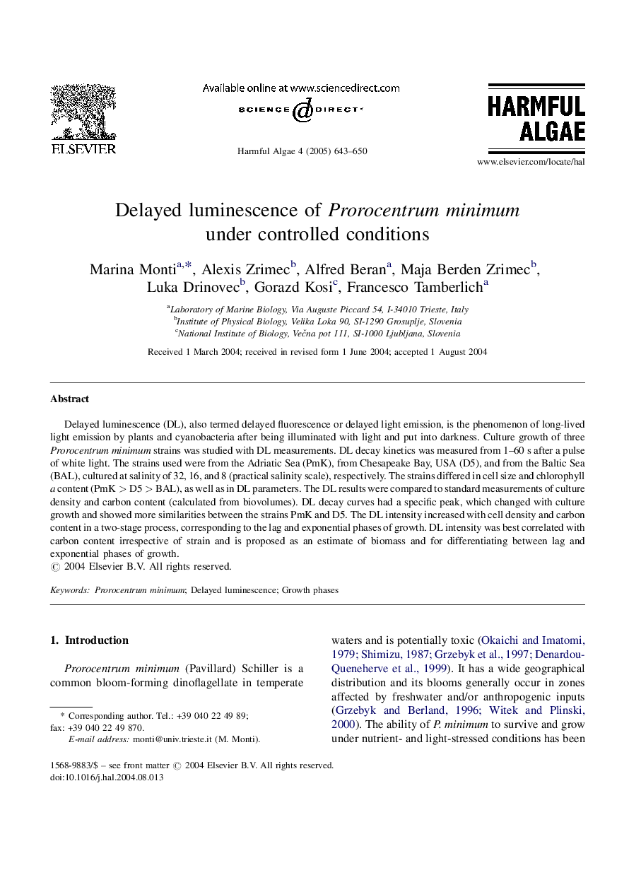 Delayed luminescence of Prorocentrum minimum under controlled conditions