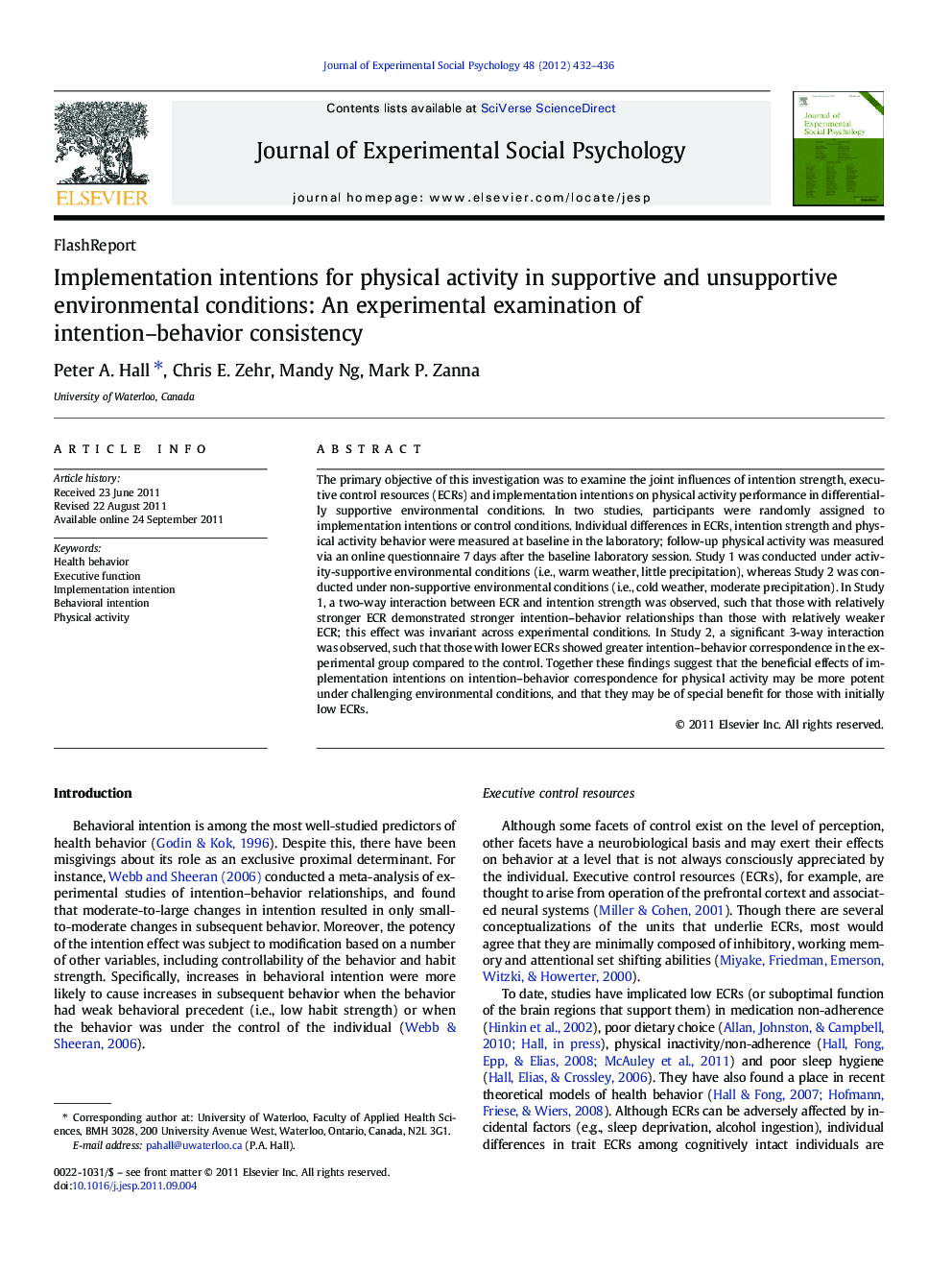 Implementation intentions for physical activity in supportive and unsupportive environmental conditions: An experimental examination of intention–behavior consistency