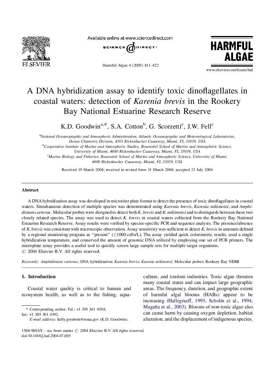 A DNA hybridization assay to identify toxic dinoflagellates in coastal waters: detection of Karenia brevis in the Rookery Bay National Estuarine Research Reserve