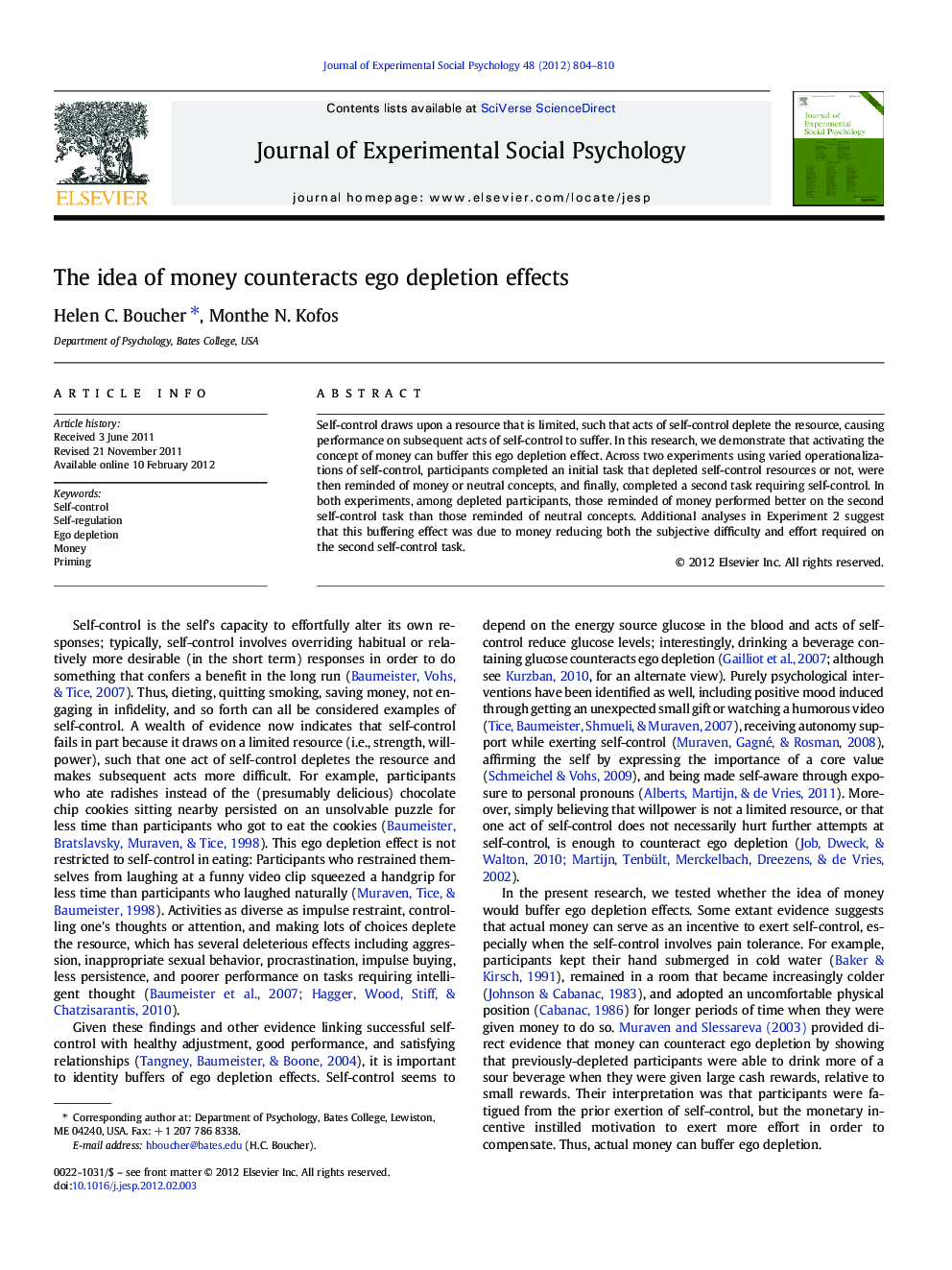 The idea of money counteracts ego depletion effects