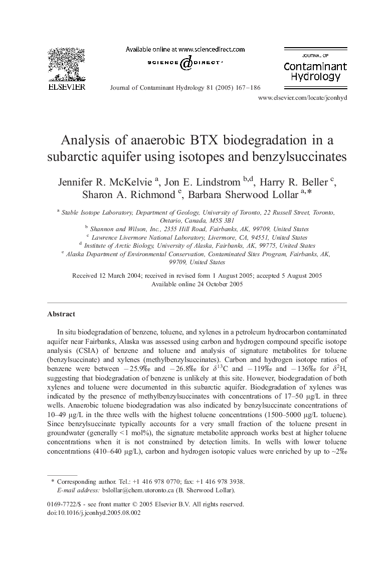 Analysis of anaerobic BTX biodegradation in a subarctic aquifer using isotopes and benzylsuccinates