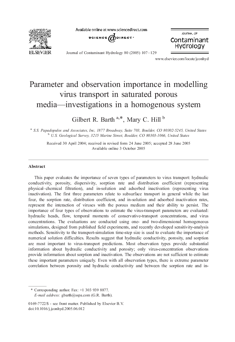 Parameter and observation importance in modelling virus transport in saturated porous media-investigations in a homogenous system