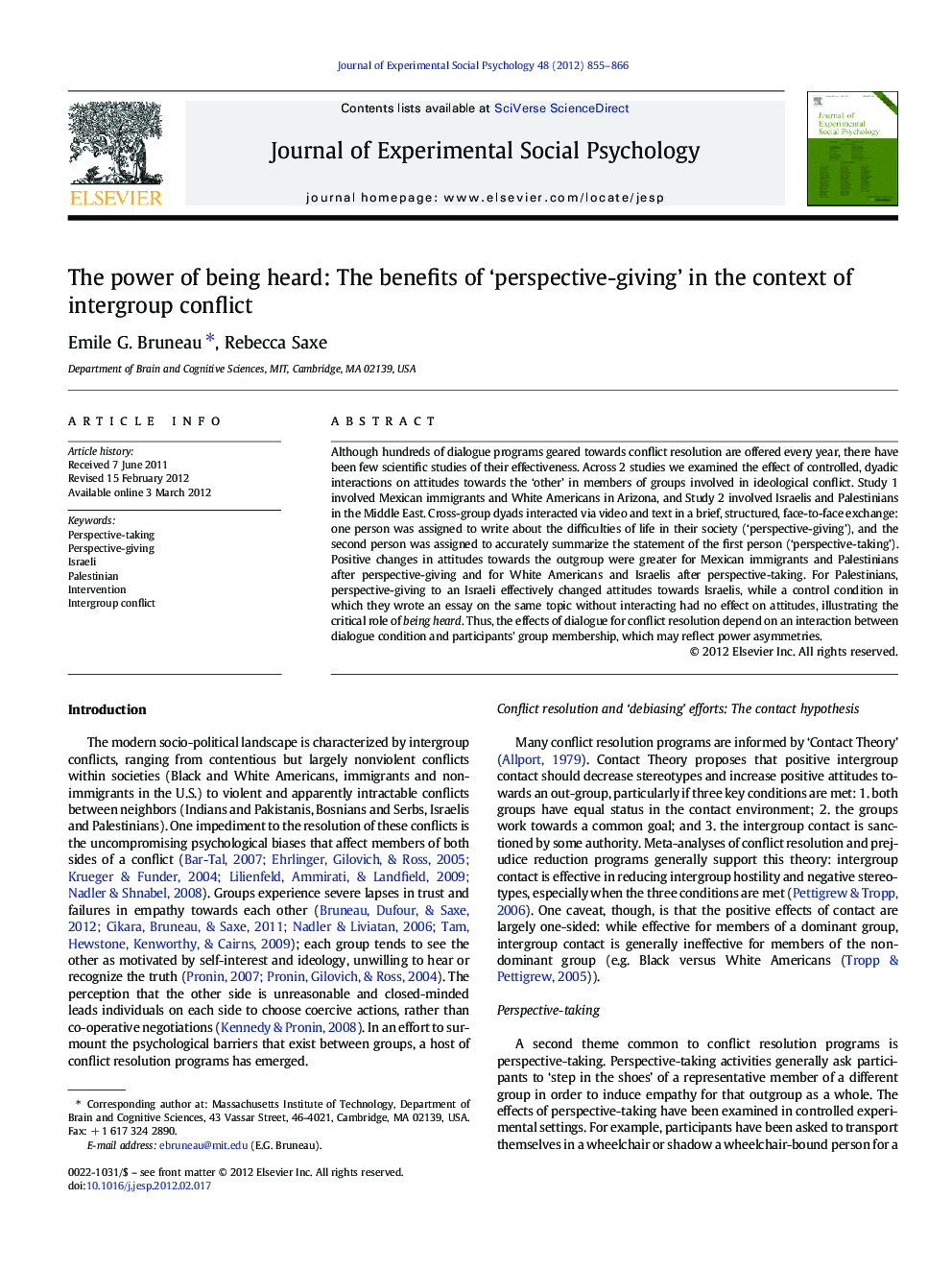 The power of being heard: The benefits of ‘perspective-giving’ in the context of intergroup conflict