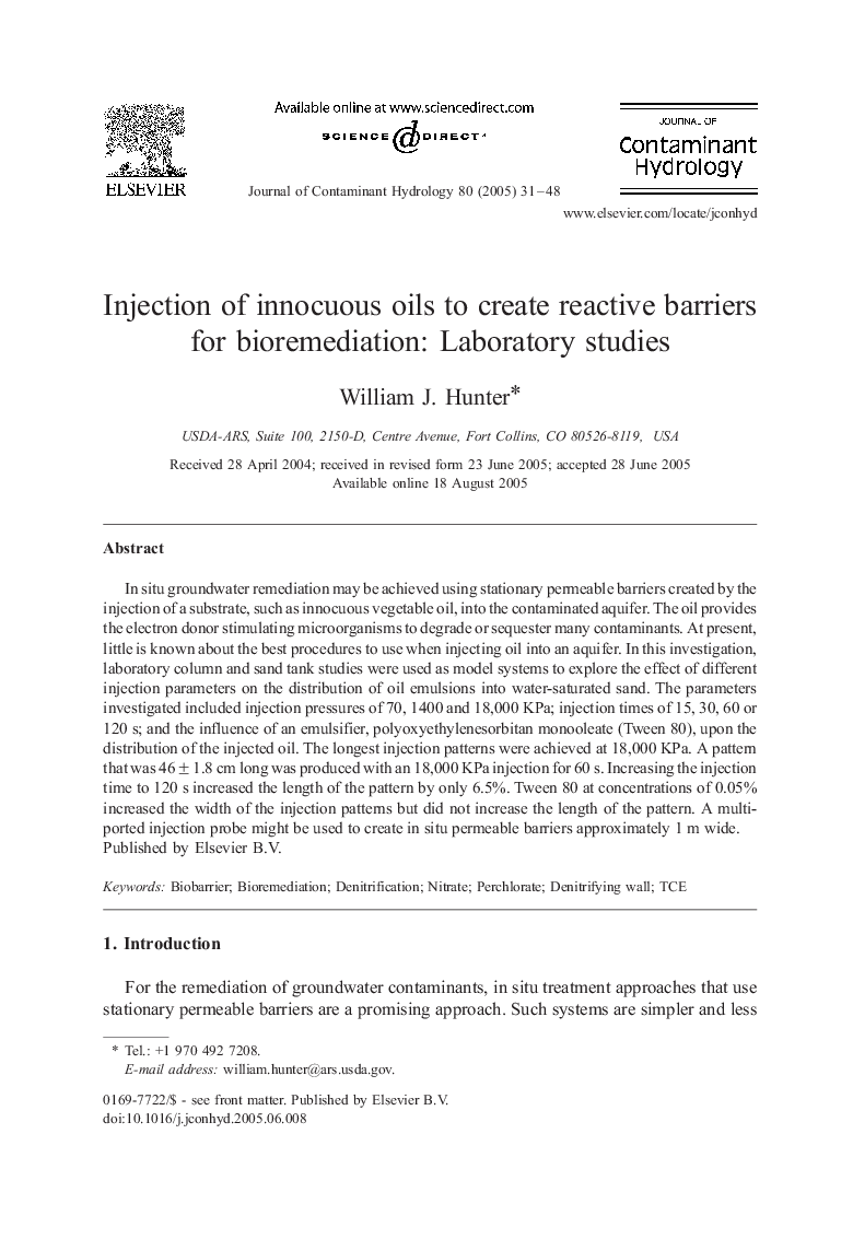 Injection of innocuous oils to create reactive barriers for bioremediation: Laboratory studies