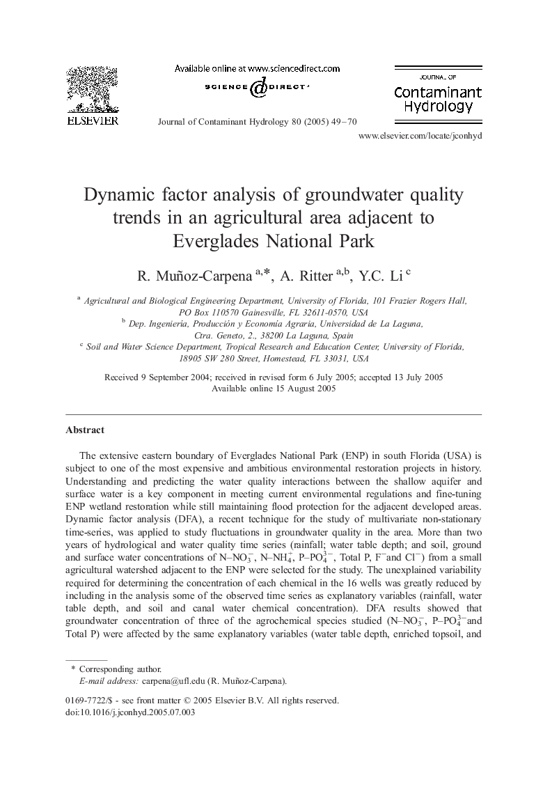 Dynamic factor analysis of groundwater quality trends in an agricultural area adjacent to Everglades National Park