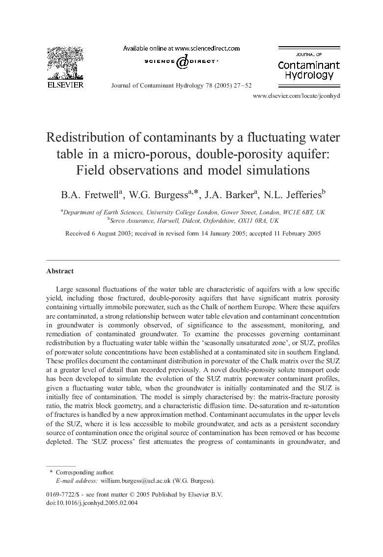 Redistribution of contaminants by a fluctuating water table in a micro-porous, double-porosity aquifer: Field observations and model simulations